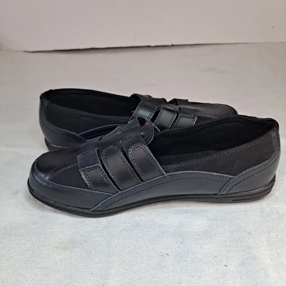 Mushrooms Black Leather & Suede Wedge Flats Size 8 M Elastic Straps for Stretch